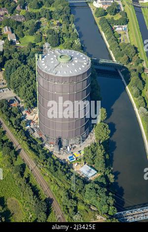 Aerial view, Oberhausen Gasometer on the Rhine-Herne Canal in Borbeck, Oberhausen, Ruhr Area, North Rhine-Westphalia, Germany, DE, Europe, Gasometer, Stock Photo