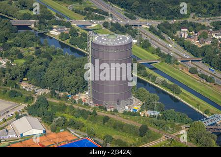 Aerial view, Oberhausen Gasometer on the Rhine-Herne Canal in Borbeck, Oberhausen, Ruhr Area, North Rhine-Westphalia, Germany, DE, Europe, Gasometer, Stock Photo