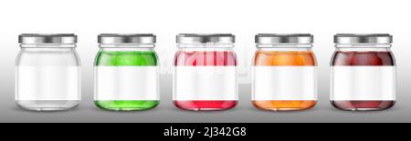 Glass jars with jam and blank label. Vector realistic mockup of clear pots with conserve fruit, jelly and honey. Template of preserve packaging in tra Stock Vector