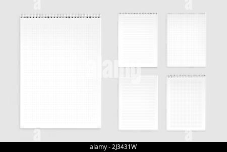 Notebook sheets, blank pages with lines, dots and checks. Memo pads, daily planner templates, notepad empty paper with binder spiral isolated on white Stock Vector