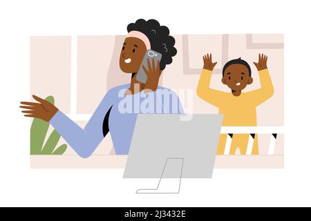 Freelancer mother working at home office using her laptop talking on the phone while her toddler son distracting her, remote job concept, vector art Stock Vector