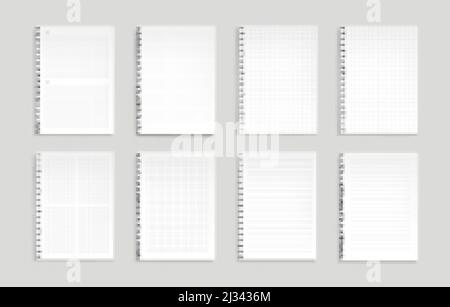 Notebooks with lines, dots and square grid. Vector realistic mockup of notepads with spiral wire binders and lined pattern paper. Template of empty pa Stock Vector