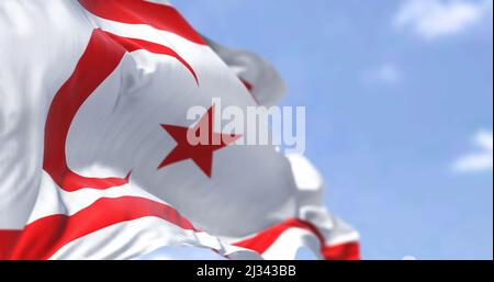 Detail of the national flag of Northern Cyprus waving in the wind on a clear day. Northern Cyprus is considered by the international community to be p Stock Photo