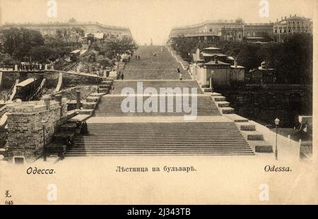 1900 ca , ODESSA , UKRAINE , RUSSIAN EMPIRE  : L'ESCALIER RICHELIEU .The 142-metre-long Potemkin Stairs ( constructed 1837–1841 ), which were famously featured in the 1925 film ' Battleship Potemkin ' by Sergei Eisenstein . hey are considered a formal entrance into the city from the direction of the sea and are the best known symbol of Odessa . The stairs were originally known as the Boulevard steps , the Giant Staircase,  or the Richelieu steps. The top step is 12.5 meters (41 feet) wide, and the lowest step is 21.7 meters (70.8 feet) wide. The staircase extends for 142 meters, but it gives t Stock Photo