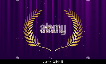 Purple award glitter background with golden laurel wreath. Award Nomination winner banner. Realistic silk abstract fabric texture.Purple curtain with Stock Vector