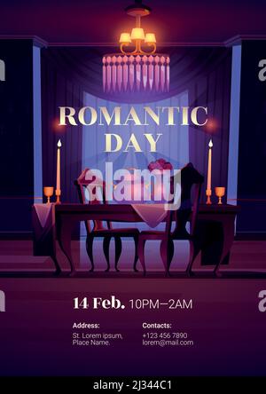 Valentines day flyer. Romantic dinner for couple on date or holiday celebration. Vector cartoon poster with dining table, chairs, candles, flowers and Stock Vector