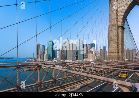 New York City, Manhattan, Financial District from Brooklyn Bridge Stock Photo