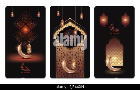 Eid Mubarak social media stories template with dark orange background Stock Vector
