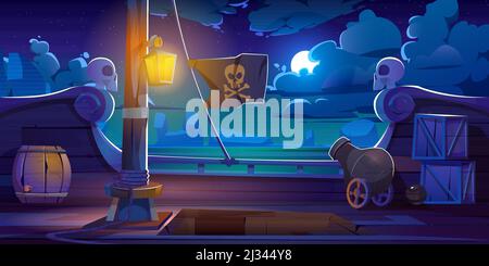 Pirate ship deck onboard night view, wooden boat with cannon, glow lantern, wood barrels, hold entrance, mast with ropes and jolly roger flag on dark Stock Vector