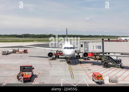 HAMBURG, GERMANY - MAY 17, 2017: Lufthansa Airbus is rady for boarding  at the new terminal in Hamburg. Hamburg is a major Hub for Lufthansa in German Stock Photo
