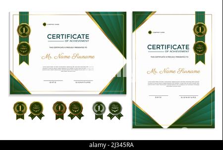 Certificate of appreciation template. Premium diploma design with grey lines zigzag pattern. Golden Green badge.. Stock Vector