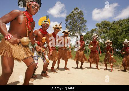 porto seguro, bahia, brazil - december 20, 2010: Indians from the Pataxos ethnic group are seen during traditional dance at Aldeia Imbiriba in the cit Stock Photo