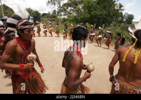 porto seguro, bahia, brazil - december 20, 2010: Indians from the Pataxos ethnic group are seen during traditional dance at Aldeia Imbiriba in the cit Stock Photo