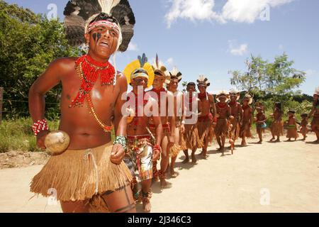 porto seguro, bahia, brazil - december 20, 2010: Indians from the Pataxos ethnic group are seen during traditional dance at Aldeia Imbiriba in the cit Stock Photo