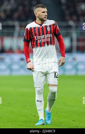 Olivier Giroud of AC Milan with AC Milan new jersey during the Serie A 2021/ 22 football match between AC Milan and Bologna FC at Giuseppe Meazza  Stadium, Milan, Italy on April 04