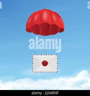 Vector 3d Realistic Vintage Letter Stamp, White Envelope with Wax Seal, Red Parachute in Blue Sky Background. Certificate, Document. Imprint, Insignia Stock Vector