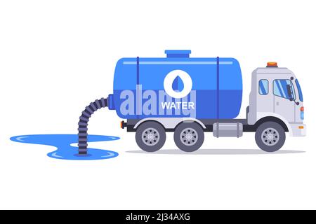 the truck downloads water from the river from the hose into its barrel. flat vector illustration. Stock Vector