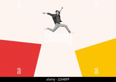 Cartoon like stylized picture image youngster guy jumping imaginary cliff succeed luck concept on top of world isolated pop artwork background Stock Photo