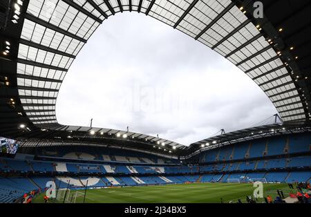 Manchester, England, 5th April 2022.   General view of the stadium during the UEFA Champions League match at the Etihad Stadium, Manchester. Picture credit should read: Darren Staples / Sportimage Stock Photo