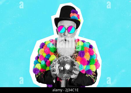 Cartoon stylized image photo of mature show man dressed exclusive pom pom jacket hold discoball isolated turquoise color background Stock Photo