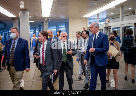 Washington, Vereinigte Staaten. 05th Apr, 2022. United States Senator Jack Reed (Democrat of Rhode Island), talks with United States Senator Bob Casey, Jr. (Democrat of Pennsylvania) as they walk through the Senate subway at the US Capitol during a vote in Washington, DC, Tuesday, April 5, 2022. Credit: Rod Lamkey/CNP/dpa/Alamy Live News Stock Photo