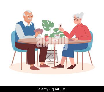 Retirement age people have fun together playing poker. Elderly woman and man play card board games. Evening active gatherings in the nursing home. Flat vector illustration, isolated Stock Vector