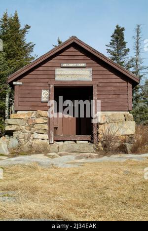 The Jim Liberty Cabin in the White Mountains of New Hampshire. This cabin is located along the Liberty Trail about a 1/2 mile from the summit. Stock Photo