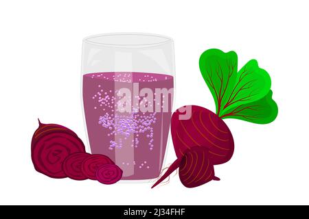 Juice of beet isolated on white background. Beet smoothie in glass with whole, half and slices beetroot. Freshly squeezed vegetable beet juice. Vector Stock Vector