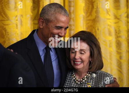 Washington, United States. 05th Apr, 2022. Former President Barack Obama hugs Speaker of the House Nancy Pelosi, D-CA, at an event on the Affordable Care Act and lowering health care costs for families at the White House in Washington, DC on Tuesday, April 5, 2022. Photo by Pat Benic/UPI Credit: UPI/Alamy Live News Stock Photo