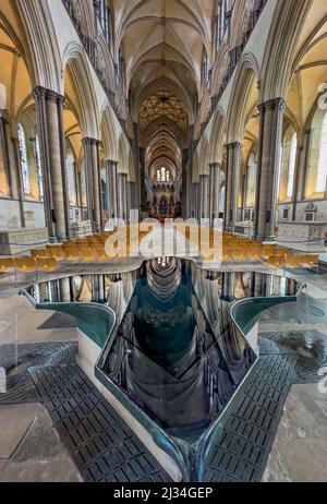 the water font with reflection of the Nave, Quire and Trinity Chapel at Salisbury Cathedral, England. Stock Photo