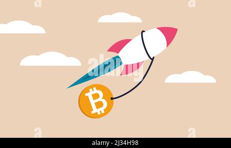 Bitcoin rocket money and bank blockchain cryptocurrency. Mining crypto finance and growth vector illustration concept. Btc coin investment and rising Stock Vector