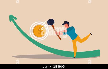 Game high with coin and strength hammer. Market meter and striker test strong vector illustration concept. Man win on carnival and business entertainm Stock Vector