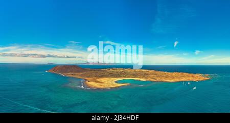 Stunning aerial panoramic view of Lobos island near Corralejo Fuerteventura Stock Photo