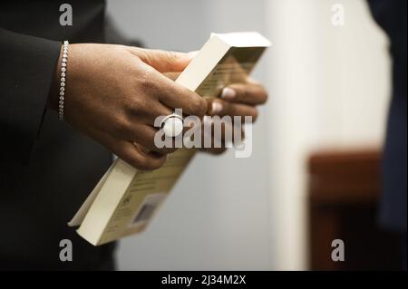 Washington, United States. 05th Apr, 2022. Supreme Court nominee Judge Ketanji Brown Jackson (L) holds a copy of 'All Labor Has Dignity' by Martin Luther King Jr. gifted from Sen. Sherrod Brown, D-OH, at the U.S. Capitol in Washington, DC on Tuesday, April 5, 2022. Photo by Bonnie Cash/UPI Credit: UPI/Alamy Live News Stock Photo