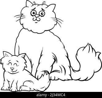 Black and white Cartoon illustration of cat mom and kitten animal characters coloring book page Stock Vector
