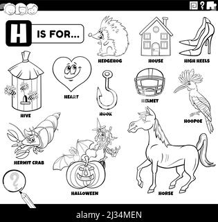 Black and white educational cartoon illustration of comic characters and objects starting with letter H set for children coloring book page Stock Vector