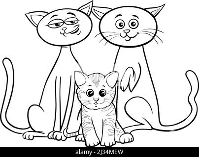 Black and white Cartoon illustration of cat family with little kitten animal characters coloring book page Stock Vector