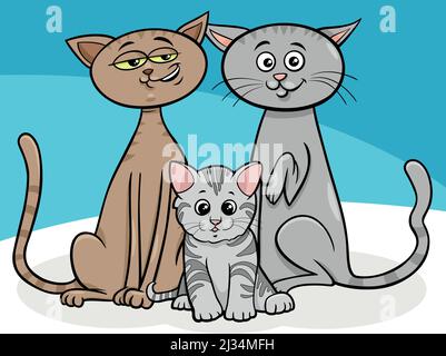 Cartoon illustration of cat family with little kitten animal characters Stock Vector