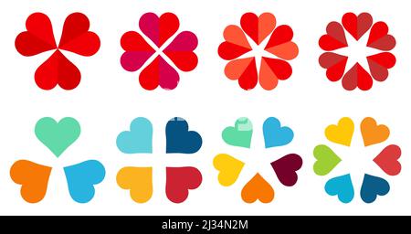 Hearts arranged in circle forming flower like shape three to six icon version - can be used as infographics element Stock Vector