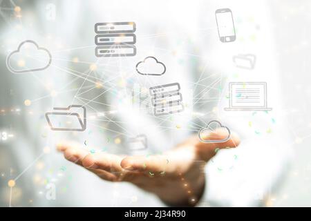 A person presenting a virtual projection of a digital cloud Stock Photo