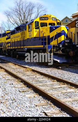 Reinholds, PA, USA - April 2, 2022: The East Penn Railroad locomotives are parked at the Reinholds train station. Stock Photo
