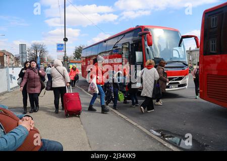 Przemysl, Poland. 4th Apr, 2022. Refugees collecting their belongings to get on the bus for the train station and then to their new homes in Poland and abroad. Tesco in Przemysl is a former grocery-store turned Humanitarian aid Center where many Ukrainian refugees go as soon as they cross over the border into Poland. Dozens of aid organizations are set up and providing shelter, logistical support, SIM cards, internet food and health: everything to quickly care for and relocate refugees, all at no expense to them. Hundreds of volunteers show up from all over the world eager to assist and offe Stock Photo