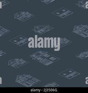 A pattern of drawn houses in a linear style on a dark gray background for printing and design. Vector illustration. Stock Vector
