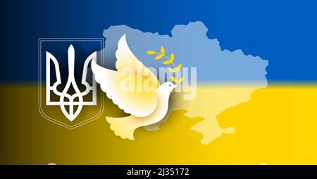Ukraine background with dove of peace, Ukraine coat of arms and Ukraine map and flag - vector illustration. Peace for Ukraine, stop war concept Stock Vector