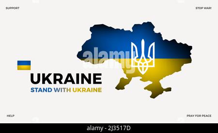 Stand with Ukraine text on Ukraine map background with the coat of arms and flag - vector illustration Stock Vector