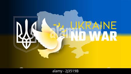 Peace for Ukraine, stop war concept. Ukraine background with dove of peace, Ukraine coat of arms and Ukraine map and flag - vector illustration Stock Vector