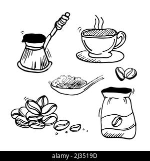 Set of hand drawn coffee doodles: drinks, snacks and coffee tableware. Monochrome vector illustration for greeting cards, t-shirts, menu Stock Vector