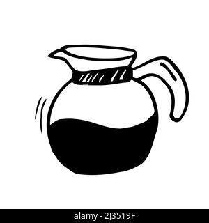 Glass teapot with coffee. Vector Black outline image isolated on a white background. Doodle style. Stock Vector