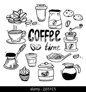 Large set of hand drawn coffee doodles: drinks, desserts, beans and other related objects. Stock Vector