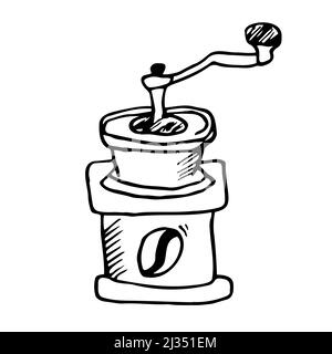 Classic coffee grinder in woden case. Doodle coffee grinder icon in vector. Hand drawn coffee grinder illustration in vector. Stock Vector